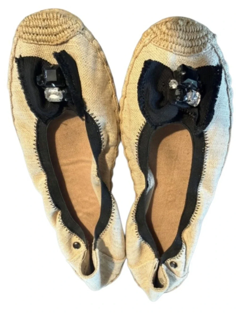 Simply Vera Vera Wang Ethel Espadrille Flats Tan & Black Bow Rhinestone Size 8.5